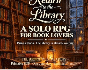 May include: A digital game cover titled Return to the Library: A Solo RPG for Book Lovers. The scene depicts a dark, cozy library with tall bookshelves, a wooden table, a glowing lantern, a steaming mug, and a rainy window view at night.
