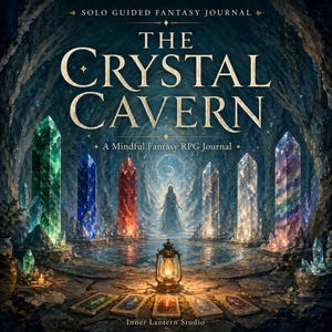Op de afbeelding: Een fantasiedagboek getiteld "The Crystal Cavern" met een grotscène met kleurrijke kristallen en een lantaarn. De tekst luidt "Solo Guided Fantasy Journal" en "A Mindful Fantasy RPG Journal". Het dagboek heeft een mystiek thema.