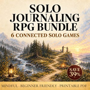 Könnte beinhalten: Ein digitales Produkt mit dem Titel SOLO JOURNALING RPG BUNDLE 6 CONNECTED SOLO GAMES. Das Bild zeigt eine Landschaft mit einem Fluss, Wald, einem Steinbogen und einer Laterne. Der Text unten lautet MINDFUL · BEGINNER FRIENDLY · PRINTABLE PDF.