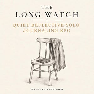Peut inclure: Un dessin au trait noir et blanc représentant une chaise en bois avec une veste posée sur le dossier et un petit carnet avec un stylo sur l'assise. Le texte indique THE LONG WATCH QUIET REFLECTIVE SOLO JOURNALING RPG et INNER LANTERN STUDIO.