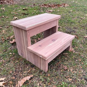 May include: A two-step wooden step stool made of light-colored wood. The stool has a rectangular top step and a lower step, both supported by a sturdy frame. The wood grain is visible, and the stool is placed on grass.