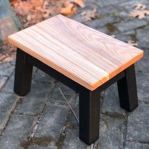 May include: A small wooden step stool with a natural wood top and black painted legs. The stool is sitting on a brick patio.