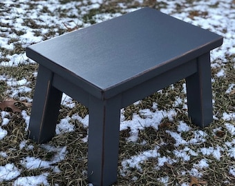 Farmhouse, charcoal gray, wood riser, step stool. foot stool, painted furniture, 8" - 10" inches high