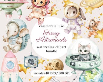Watercolor space animal clipart png bundle, cute astronaut, space animal nursery decor, galaxy, planets, outer space birthday party