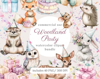 Watercolor woodland party clipart png bundle, boho woodland creatures, cute baby woodland birthday, party hats, cute fox, owl, scrapbooking