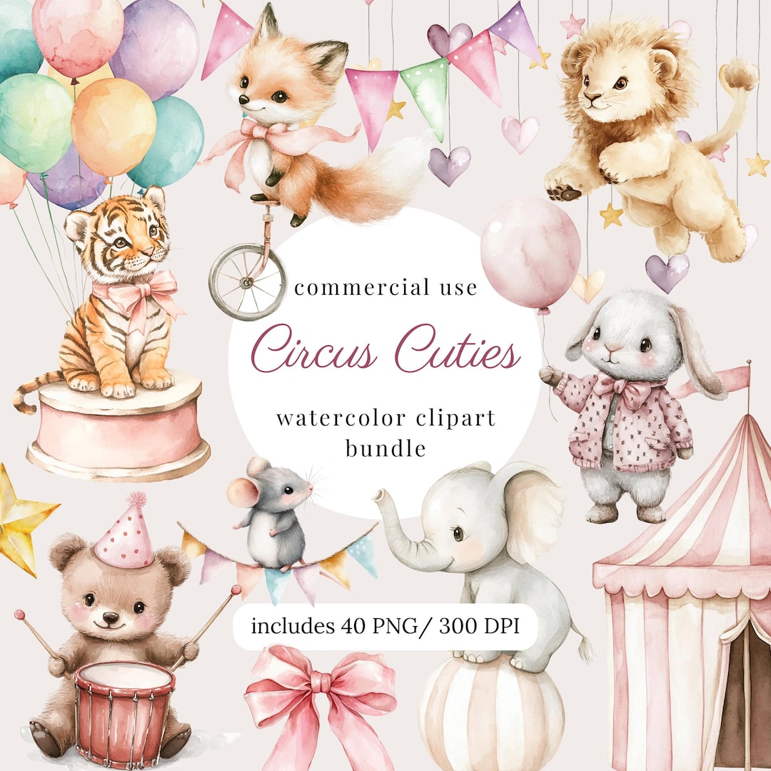 Watercolor Circus Animals Clipart Png Bundle, Pink Circus, Cute Baby ...