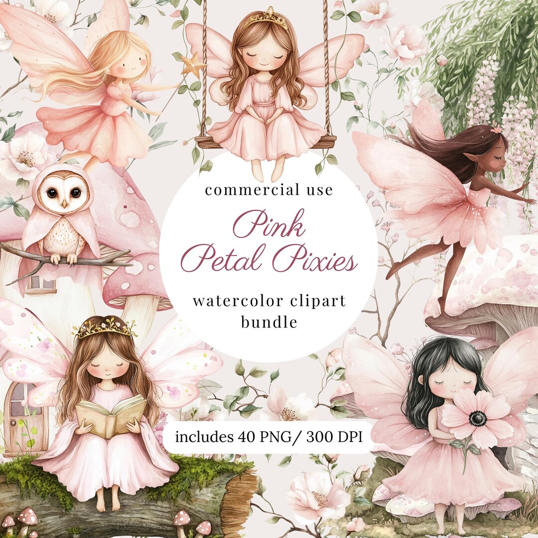 Watercolor Pink Fairy Clipart Png Bundle, Magical Fairy Garden, Cute ...