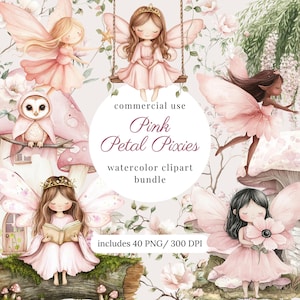 May include: Watercolor clipart bundle featuring pink petal pixies. The image includes illustrations of fairies with pink wings and dresses, an owl, and floral elements. Text on the image reads "Pink Petal Pixies" and "watercolor clipart bundle".