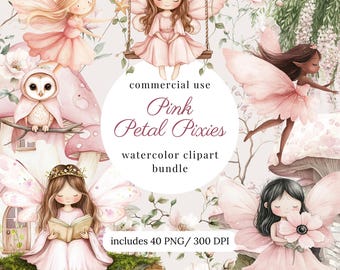 Watercolor pink fairy clipart png bundle, magical fairy garden, cute fairy house, mushroom, deer, fox, bear, owl, woodland forest fairy