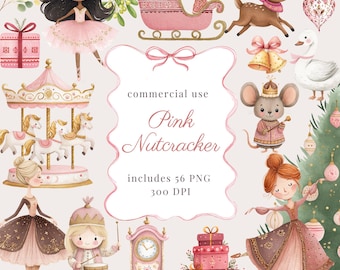 Watercolor pink nutcracker ballet clipart png bundle, pink nutcracker birthday invitation, christmas nutcracker, pink ballerina, scrapbook