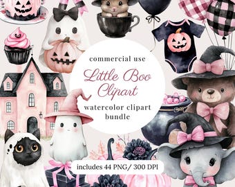 Watercolor cute halloween clipart png bundle, little boo is almost due, black cat, pink bow pumpkin, owl, october baby shower, fall birthday