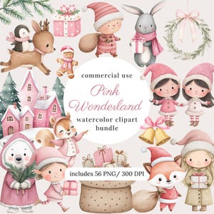 Puede incluir: Conjunto de imágenes prediseñadas de acuarela con ilustraciones de criaturas del bosque y elementos navideños en tonos rosa, blanco y marrón. Incluye un ciervo, un pingüino, una ardilla, un conejo y otros personajes festivos. El texto dice "Pink Wonderland watercolor clipart bundle".