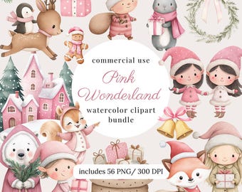 Watercolor pink christmas woodland clipart png bundle, pink winter forest animals, pink santa, gingerbread, nutcracker, digital download