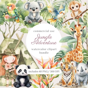 May include: Watercolor clipart bundle featuring jungle animals and a girl. Includes a giraffe, tiger, rhino, panda, koala, monkey, and birds. The text reads "Jungle Adventure" and "watercolor clipart bundle". Includes 40 PNG files at 300 DPI.