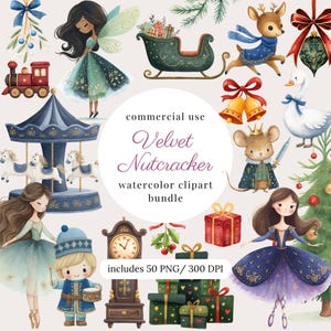 Peut inclure: Ensemble de cliparts aquarelle sur le thème de Noël et des fêtes. Comprend une fée, un renne, un carrousel, un train jouet et d'autres éléments festifs. Le texte indique "Velvet Nutcracker watercolor clipart bundle".