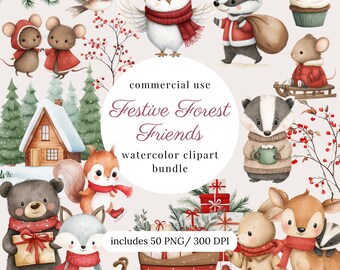 Aquarel kerst bosdieren clipart png bundel, gezellige winter bosdieren, beer, eland, hert, konijn, vos, bos babyshower