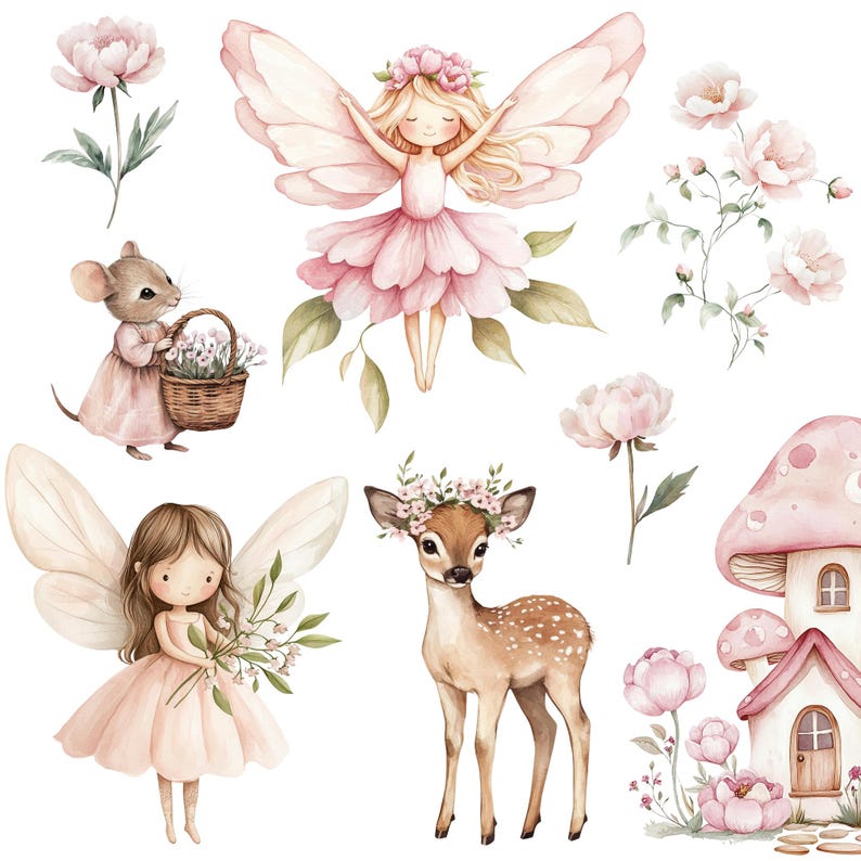 Watercolor Pink Fairy Clipart Png Bundle, Magical Fairy Garden, Cute ...