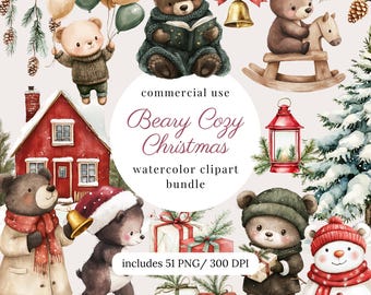 Watercolor christmas teddy bear clipart png bundle, cute bear balloon, nursery baby bear illustration, card making,  digital download