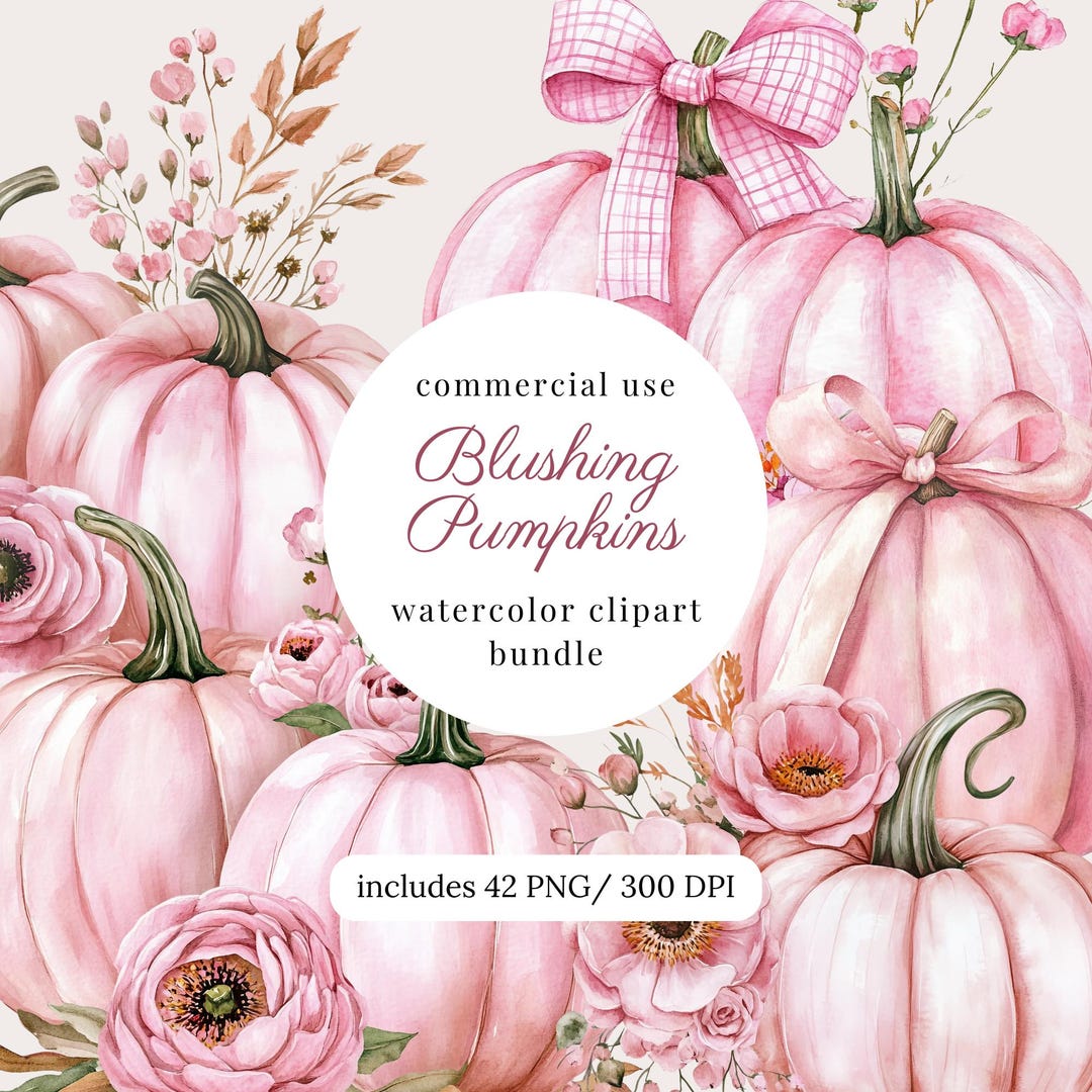 Watercolor Blush Pink Pumpkin Clipart Png Bundle, Cute Pink Orange ...