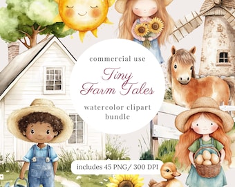 Watercolor cute farm animals clipart png bundle, little farm baby shower, barn nursery decor, pig, horse, goose, cow, tractor, farm birthday