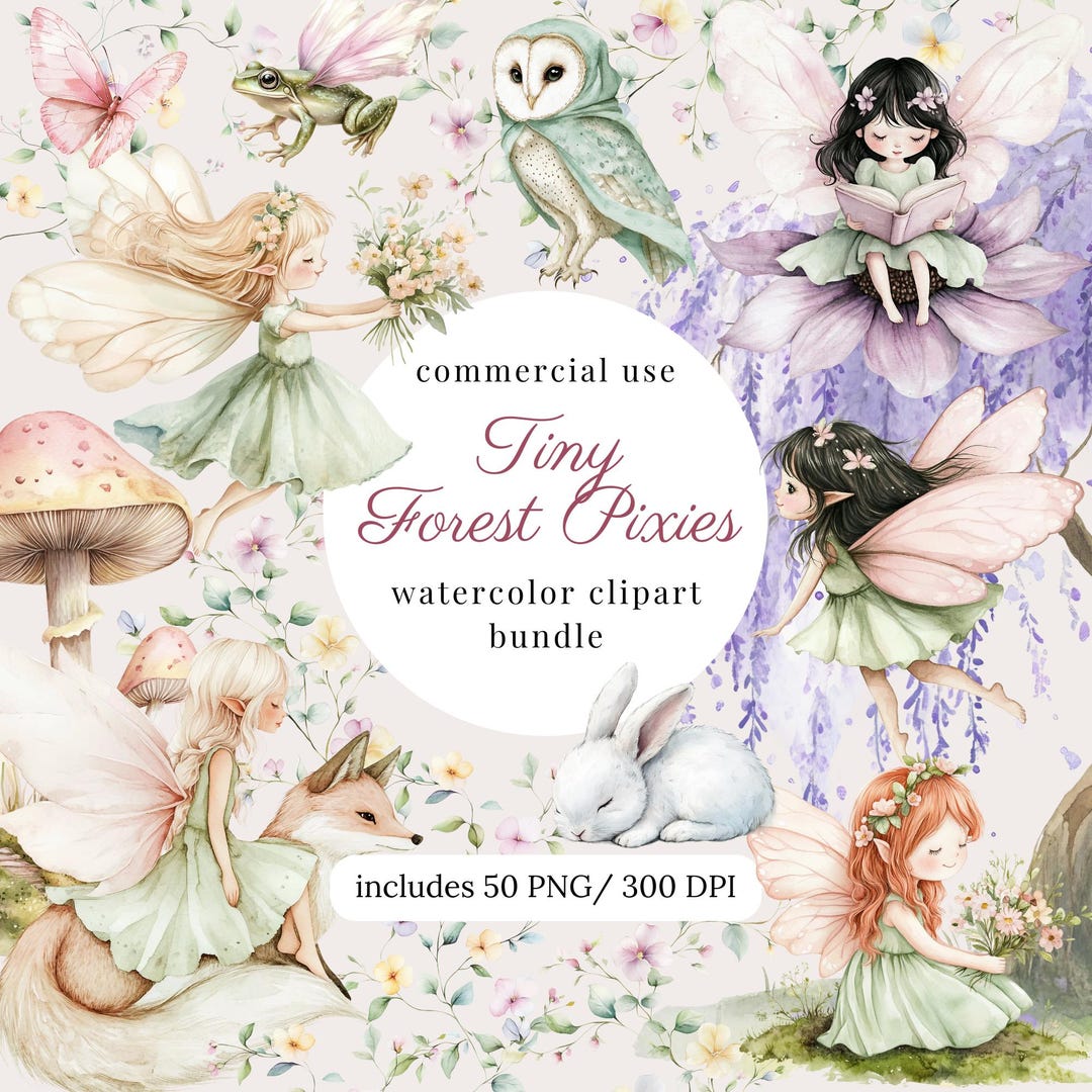 Watercolor Enchanted Forest Fairy Clipart Png Bundle, Cute Fairy Garden ...