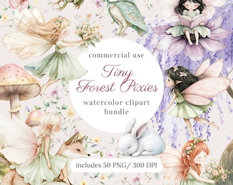 Watercolor enchanted forest fairy clipart png bundle, cute fairy garden, woodland fairy house, mushroom, deer, scrapbook images