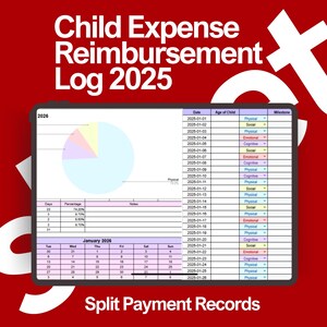 Op de afbeelding: Een digitaal document getiteld "Child Expense Reimbursement Log 2025" met een cirkeldiagram en een tabel met details over uitgaven, datums en mijlpalen. De tekst "Split Payment Records" is opgenomen.