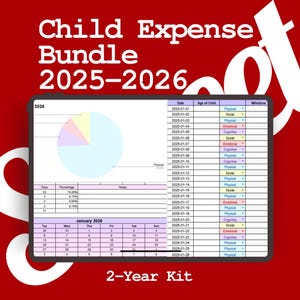 Puede incluir: Gráfico rojo y blanco con el texto "Child Expense Bundle 2025-2026" y una etiqueta "2-Year Kit". La imagen incluye un calendario, un gráfico circular y una tabla con fechas, edades y hitos.