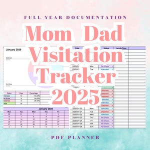 以下が含まれることがあります： 「Mom Dad Visitation Tracker 2025」と題されたピンクと白のPDFプランナー。 訪問日、ステータス、時間を追跡するための表が含まれており、2025年1月セクションがあります。 上部には「Full Year Documentation」というテキストがあります。