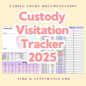 Könnte beinhalten: Ein hellbeige Dokument mit dem Titel "Custody Visitation Tracker 2025". Das Dokument enthält ein Zeit- und Anwesenheitsprotokoll mit Abschnitten für Januar 2025 und eine Zusammenfassung des Anwesenheitsstatus. Der Text "Family Court Documentation" steht oben.
