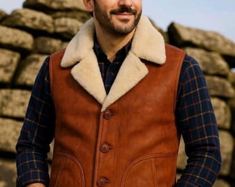 Men's Brown Sheepskin Leather & Real Shearling Fur Gilet Vest Jacket XXS - 6XL