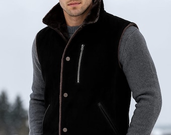 Men’s Black Suede Shearling Vest | Genuine Sheepskin Leather Waistcoat | Handmade Winter Fur Lined Vest
