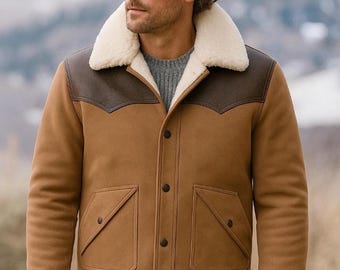Men's Brown Sheepskin Leather & Real Shearling Fur Jacket