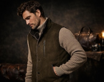 Men’s Suede Leather Shearling Vest – Handmade Sheepskin Winter Vest – Brown Vintage Style Men Waistcoat