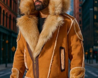 Men’s Shearling Leather Jacket with Fur Hood – Genuine Sheepskin Aviator Coat
