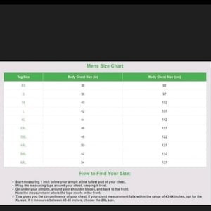 May include: A size chart for men's clothing, with tag sizes and corresponding chest measurements in inches and centimeters. Includes instructions on how to measure the chest for accurate sizing. The chart ranges from XS to 6XL.