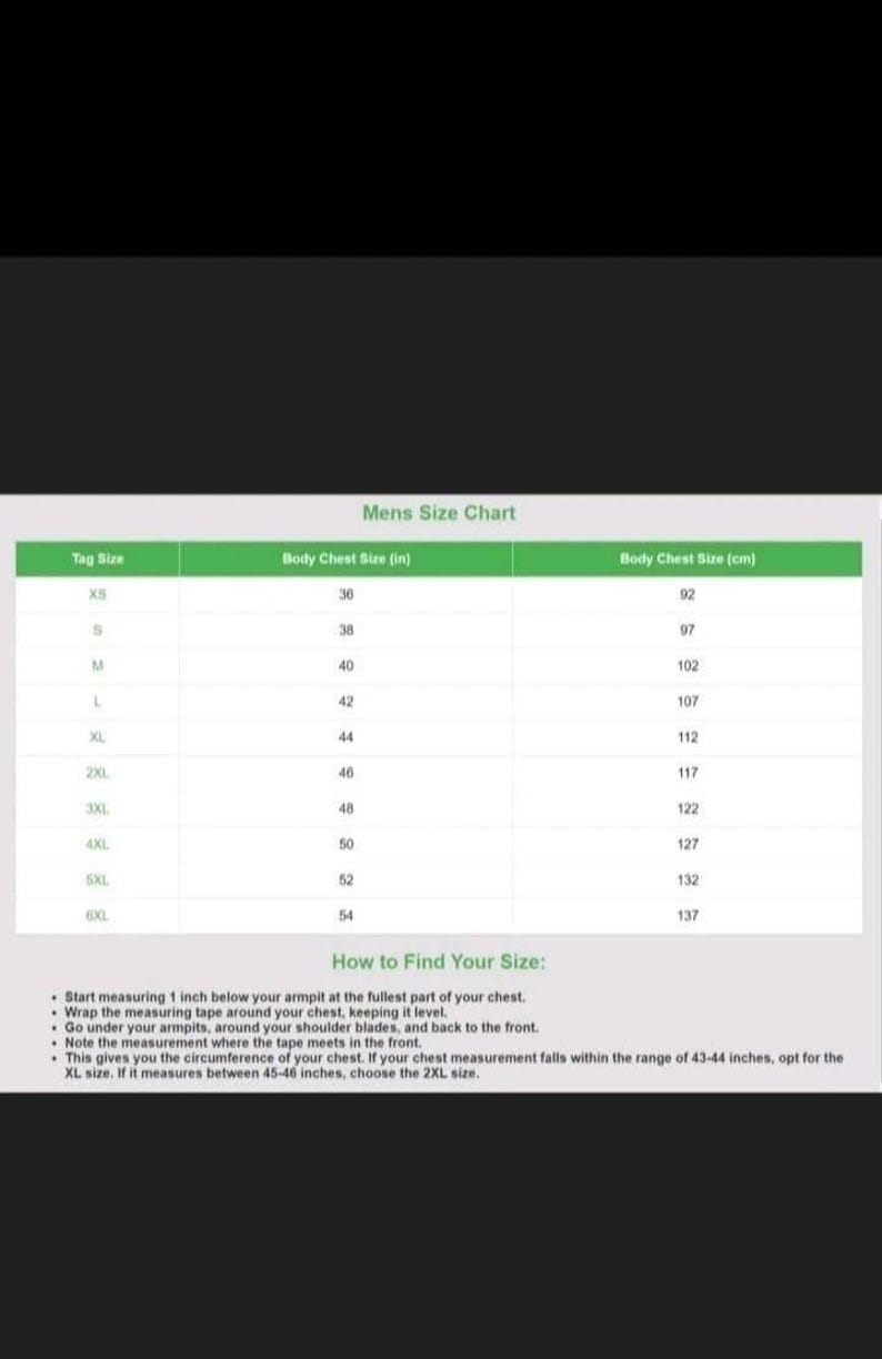 May include: A size chart for men's clothing, with tag sizes and corresponding chest measurements in inches and centimeters. Includes instructions on how to measure the chest for accurate sizing. The chart ranges from XS to 6XL.