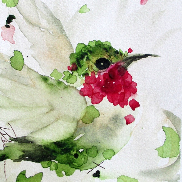 Hummingbird Watercolor, Original Bird Art Print Flying Ruby-Throated Hummingbird