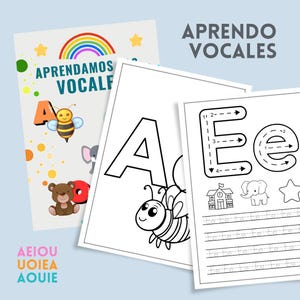May include: Educational printables for learning vowels. The cover features a rainbow, stars, and the text "APRENDAMOS VOCALES". Inside, there are pages with the letters A and E, along with illustrations of a bee, elephant, and bear.