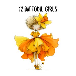 Påskliljflickor PNG Clipart, 12 akvarellfärgade vårjungfrur, transparenta bakgrunder, blommiga illustrationer, vårpyssel, St Davids dag