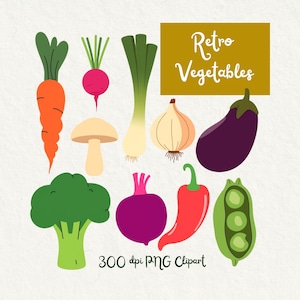 Retro Vegetables PNG Clipart Set, 50s and 60s Style Food Graphics, 27 Vegetable Illustrations, Digital Download, Personal and Small Business
