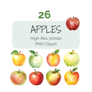 Pode incluir: Uma coleção digital de 26 ilustrações em aquarela de maçãs com vários frutos vermelhos, amarelos e verdes com caules e folhas. O texto diz 26 APPLES High-Res 300dpi PNG Clipart. Estes gráficos de frutas individuais estão dispostos em linhas.