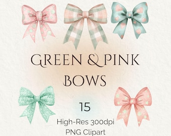 Watercolor Bows Clipart, Pink and Green Pastel, Scrapbooking (Digital Download)