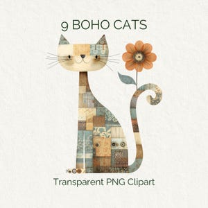 9 ilustracji kotów w stylu boho patchwork, fantazyjne kliparty z kotami (pobieranie cyfrowe)