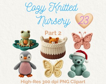 Clipart de animales tejidos, arte infantil acogedor (PNG digital)