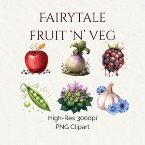Imágenes prediseñadas de frutas y verduras de cuento de hadas: PNG en acuarela, arte folclórico (descarga digital)