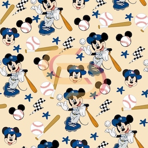 Peut inclure: Motif répété avec Mickey Mouse en uniforme de baseball, balles de baseball, battes et étoiles sur fond beige clair. Le motif comprend des balles de baseball avec des coutures rouges, des étoiles bleues et des éclairs à damier noir et blanc.