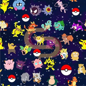 Puede incluir: Un patrón repetitivo de varios personajes de dibujos animados y diseños de Pokeball rojos y blancos sobre un fondo azul oscuro con estrellas blancas. Los personajes son de varios colores, incluyendo amarillo, verde, rosa y morado.