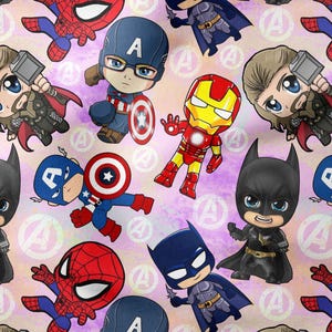May include: A repeating pattern featuring cartoon illustrations of superheroes, including Batman, Spider-Man, Captain America, Thor, and Iron Man. The characters are depicted in a chibi style with large eyes and dynamic poses, set against a light purple background.