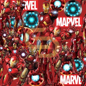 以下が含まれることがあります： 赤と金のアイアンマンが様々なポーズをとるパターン。赤色の背景に、Marvelのロゴと円形のエネルギー要素が配置されています。「VEL」の文字も確認できます。
